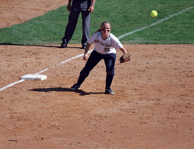 LET THE GAMES BEGIN: Former UW-Eau Claire third baseman Emily Haluska eyes up the ball during a game last season at Gelein Field in Carson Park. This season, the Blugolds have started off with a 3-1 record. © 2014 Elizabeth Jackson