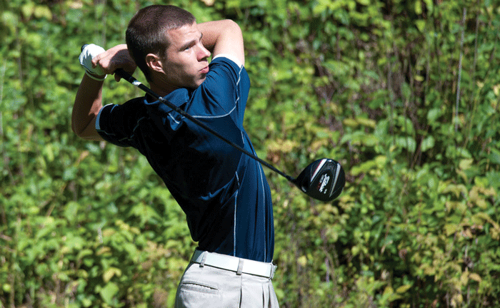 FRESH START: Freshman Joey Dreier tees off during one of the golf team’s fall meets earlier this year. The men’s first meet of the spring portion of their season will be the UW-Stout Invitational at the Chippewa Valley Golf Club April 17.  Submitted