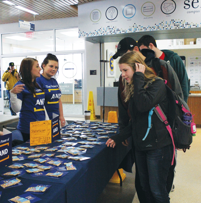 SCHOOL SPIRIT: Seniors Brittany Schalow and Cassie Zopfi informed students about “The Power of And” branding campaign at the April 16 unveiling ceremony in the Davies Center. © 2014 Nate Beck, The Spectator