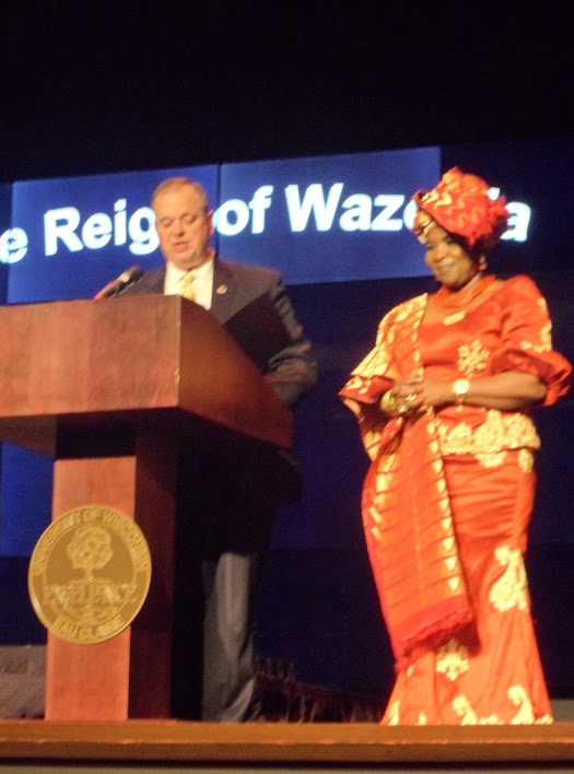 Chancellor Schmidt honors Tess Onwueme Saturday at Schofield Auditorium.