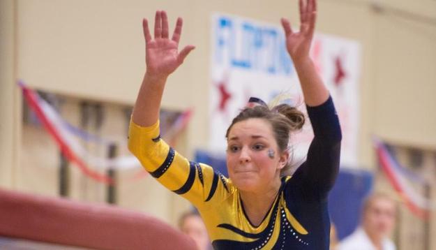 Tori Erickson competes for the Blugolds last weekend. Erickson tied for second on the balance beam.
