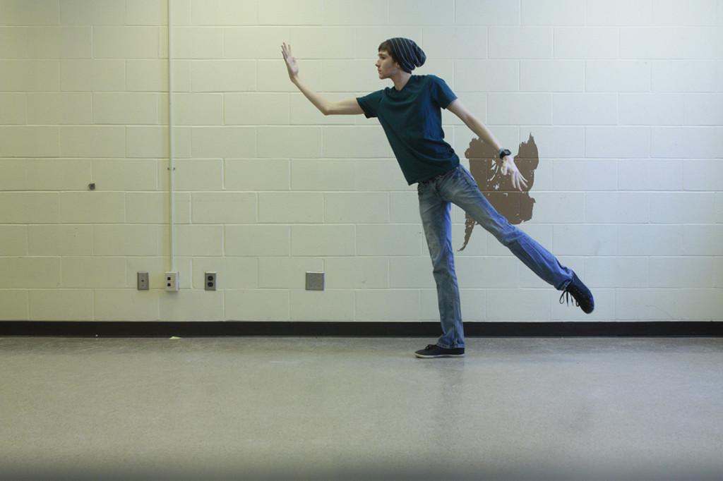 Staff Writer Brian Sheridan dances in Haas Fine Arts Center earlier this week to help relieve the stresses of schoolwork.