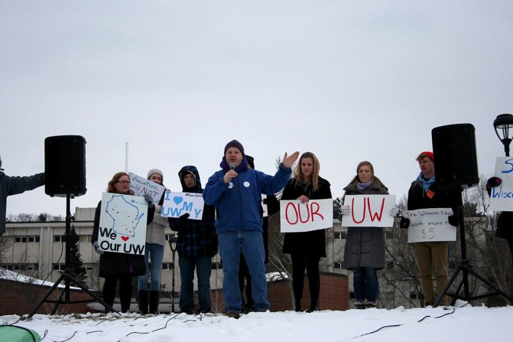 University and community members protested proposed UW System budget cuts Friday afternoon.