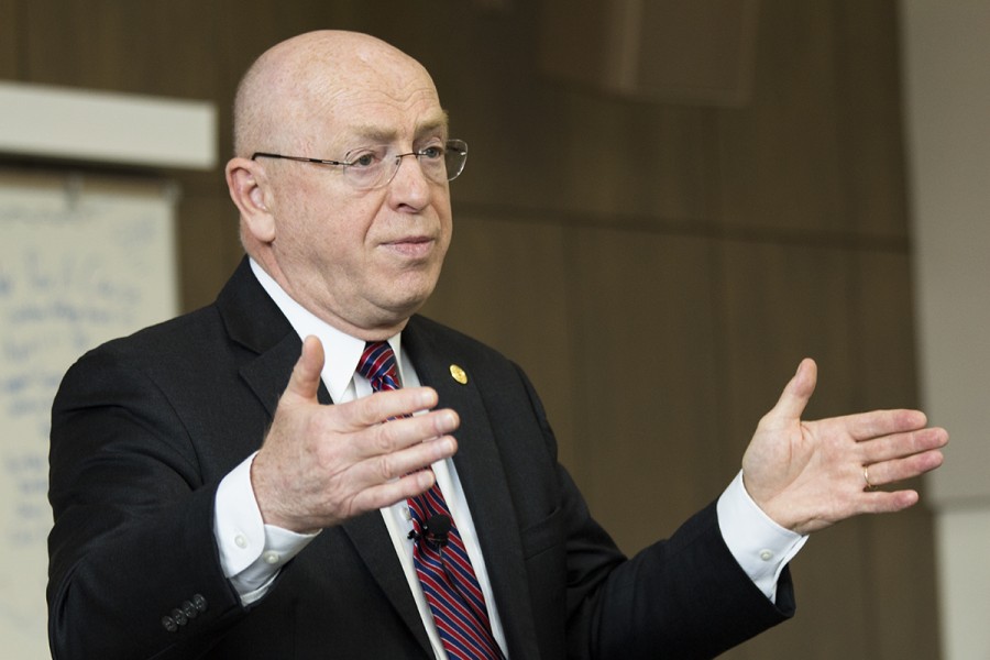 Ray Cross, UW System president, speaking at an open forum last spring on campus. He visited Eau Claire Wednesday for a discussion on what the UW System can do to help the current state of Wisconsin.