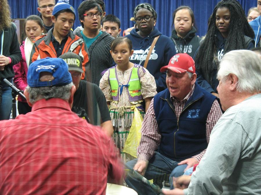 The Badger Singers singing group performed while college mentors and their mentees from Blugold Beginnings and students from College Possible out of the Twin Cities looked on at the powwow in Zorn Arena Nov 7.