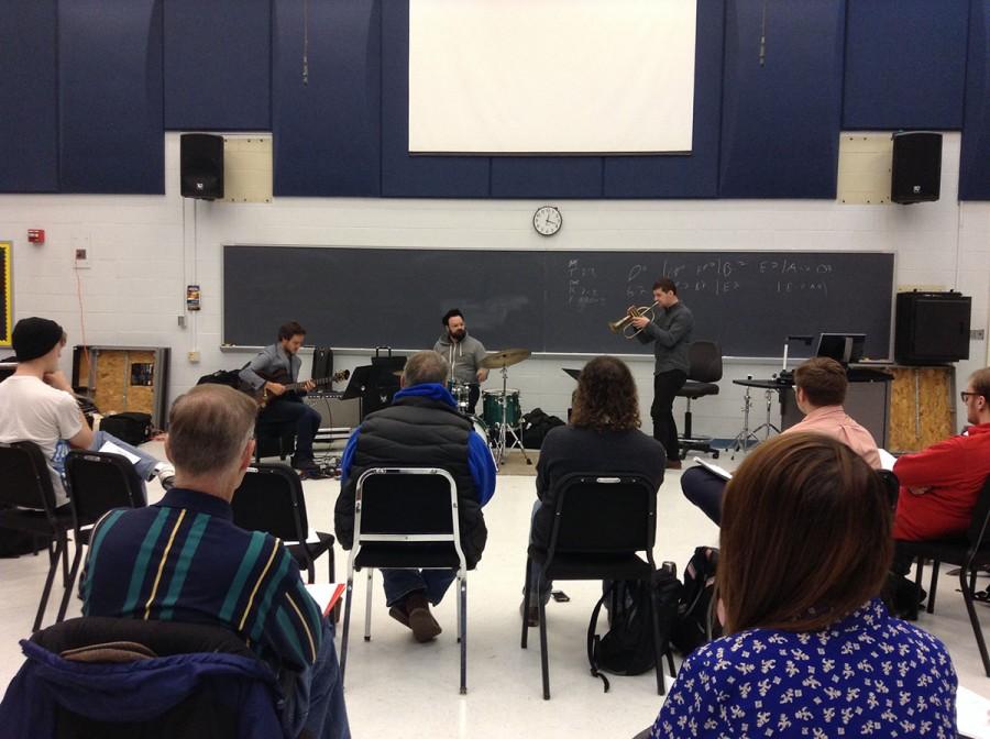 UW-Eau Claire alumnus John Raymond performs with his jazz band, John Raymond & Real Feels before teaching a masterclass open to students and the public Monday in the Haas Fine Arts Center.
