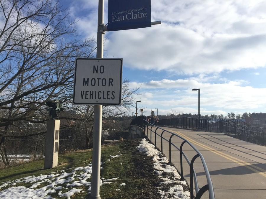 The UW-Eau Claire footbridge warns, again, motor vehicles, yet a vehicle operator attempted to cross Tuesday Feb. 16.