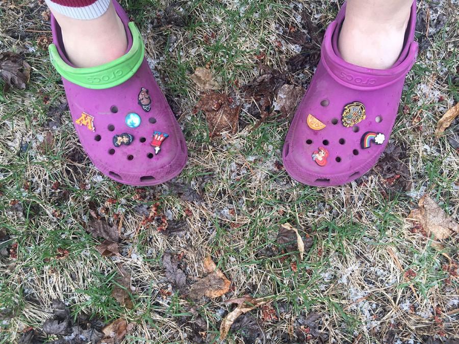 Montgomery wears her crocs in inclement weather, showing off her Jibbitz 