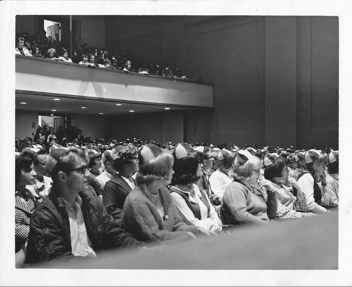 From Miscellaneous folder. Freshmen beanies. Ca. 1966.