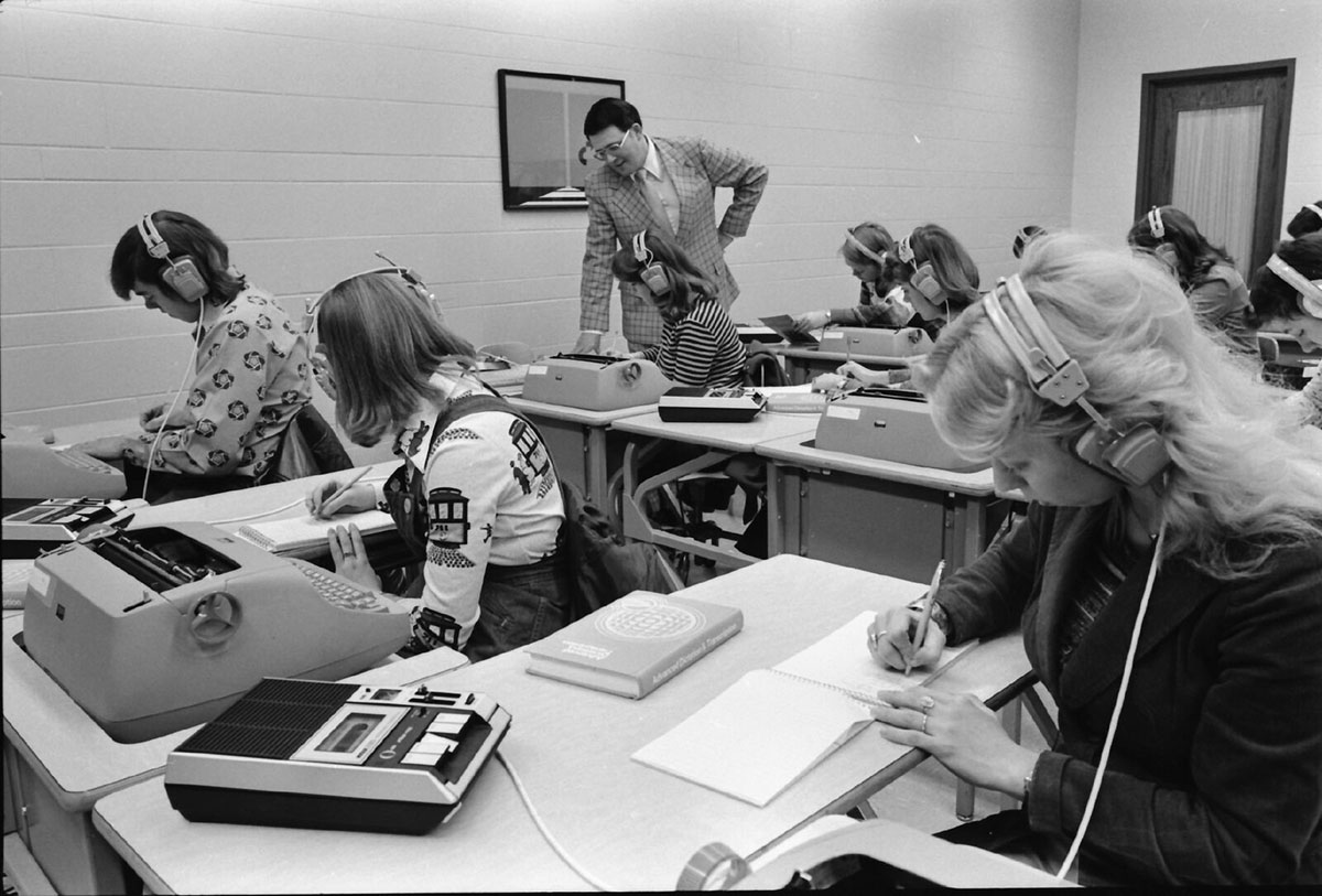 In 1976, students learned “shorthand,” which is a method of writing quickly using abbreviations and symbols.