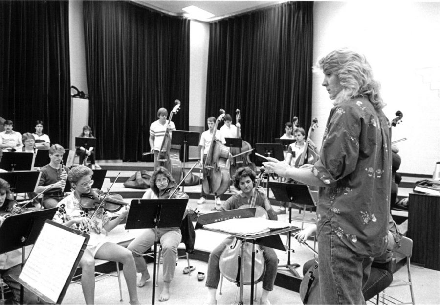 Students play their instruments in band practice, circa 1980s.