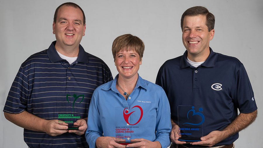 Kevin Meinholz (left), Tiffany Weiss (middle) and Dr. Scott Lester (right) were recognized for their contributions to the College of Business.