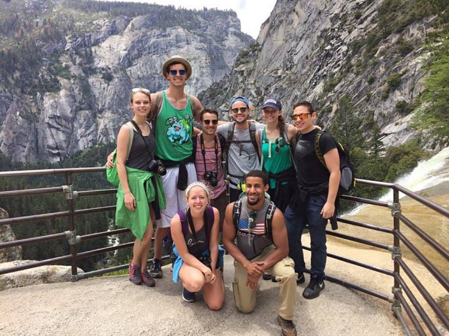 UW-Eau Claire students enjoying a stop at Vernon Falls on a three hour hike up to Nevada Falls in Yosemite National Park. The group is part of a Domestic Intercultural Immersion Trip where they spent most of their time in the park. Isabella Meyer, back row and second from right. Alex Kleinschmidt, front row on right.