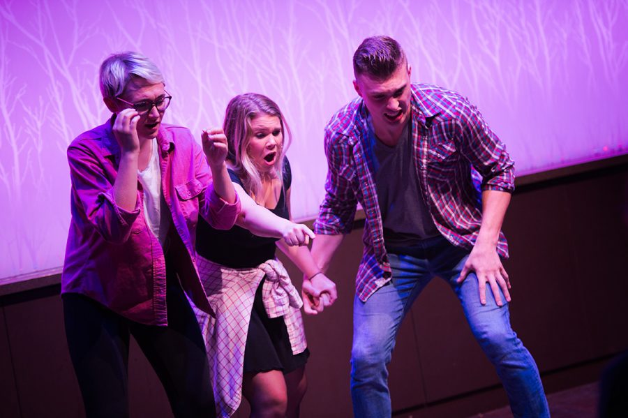 Amanda Halek, Sam Strom and Erik Brzezinski, members of the Backwards Thinkers Society, performed last Thursday at The Cabin.