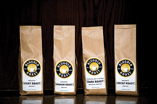 Blugold Roast sells four coffee blends. Light roast and medium roast sell for $12.99, while decaf and dark roast, or the “Chancellor’s Blend” sell for $13.99 (Kelsey Smith).