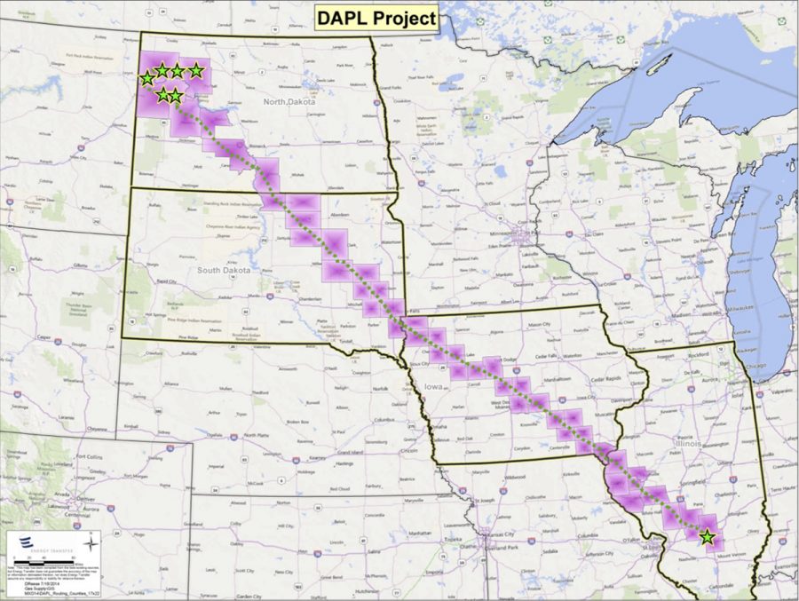 The map above taken from the Dakota Access Pipeline website shows the length of the proposed pipeline stretching from North Dakota down into Illinois.  