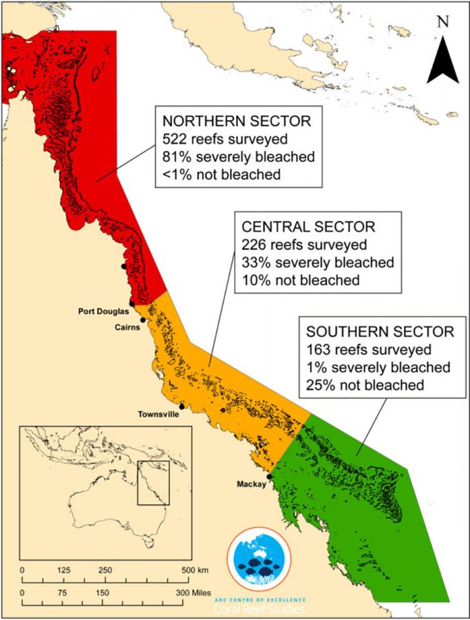 Map illustration of Great Barrier Reef destruction as a result of coral bleaching, taken from ARC Centre of Excellence for Coral Reef Studies. 