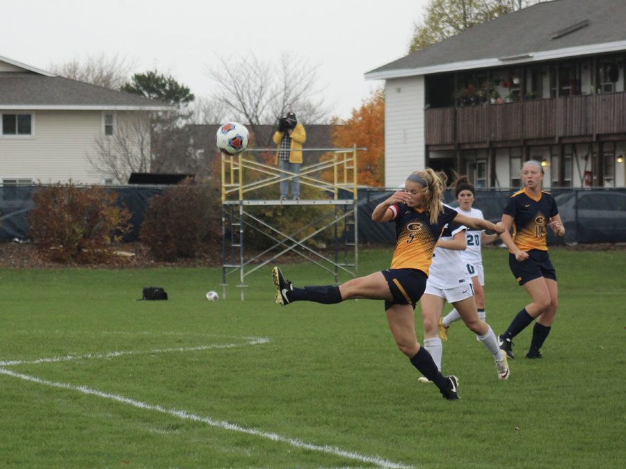 Senior middle Jocelyn Etten kicks the ball at Bollinger Fields.