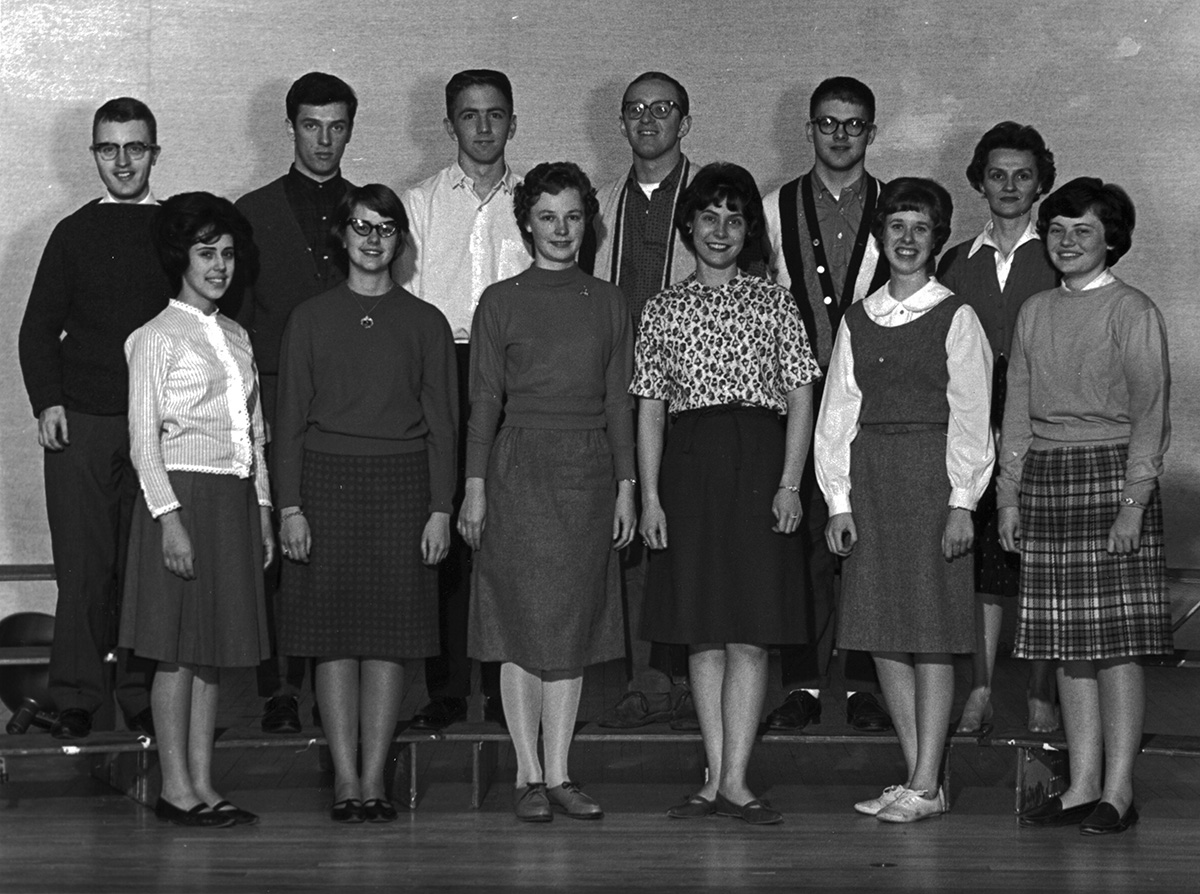 Religious Studies teaches students about different religions of the world. Depicted are the members of the 1963-1964 United Campus Christian Fellowship, a club that aimed to enrich the faith of college men and women.