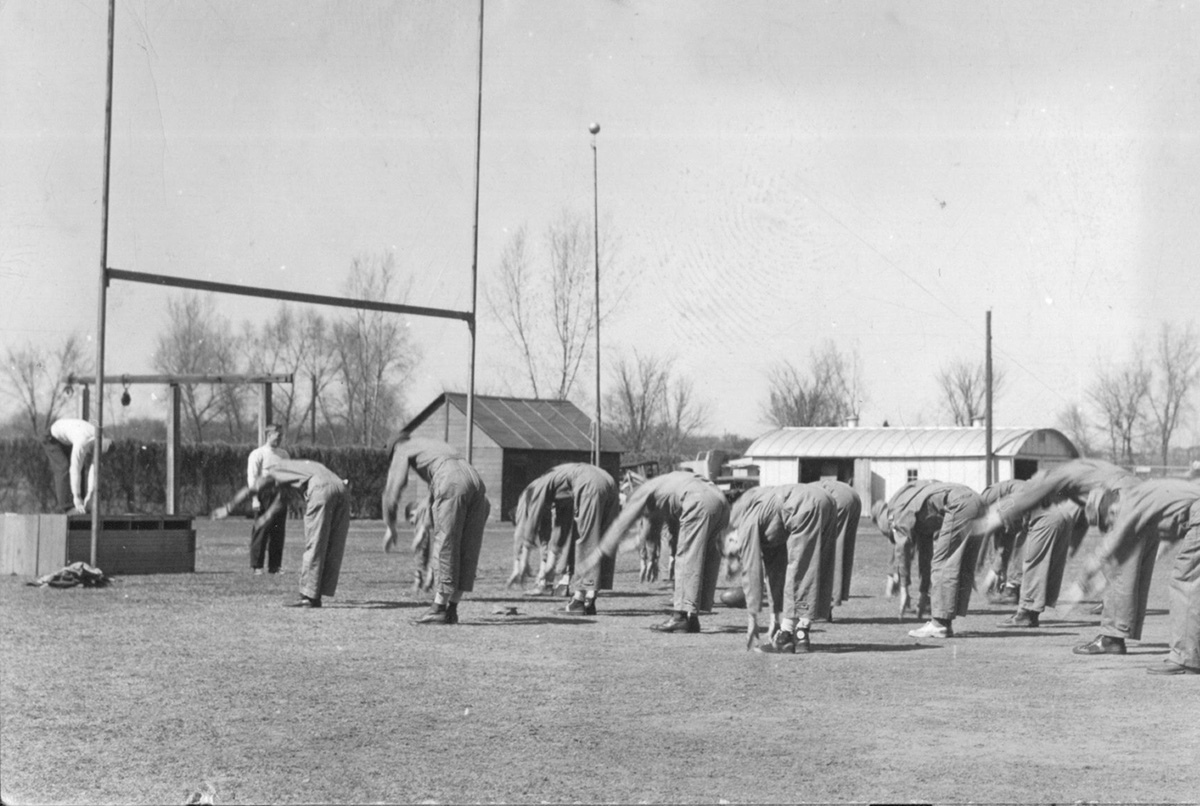 In 1943, an Army Air Corps squad performed routine physical training and conditioning during preparations for World War II.