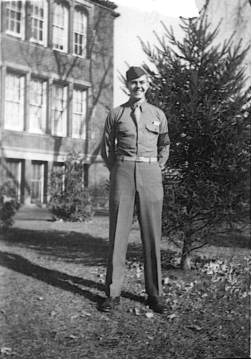 The Veterans Center aims to give veterans on campus a place of welcome where they can meet with one another. Shown here is an RCF Cadet Squadron Sergeant in front of Schofield hall in 1943.