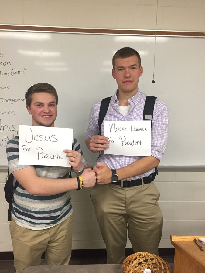 Sophomores Kyle Petras (left) and David Hathaway (right) display their choice for the 2016 presidential election. 