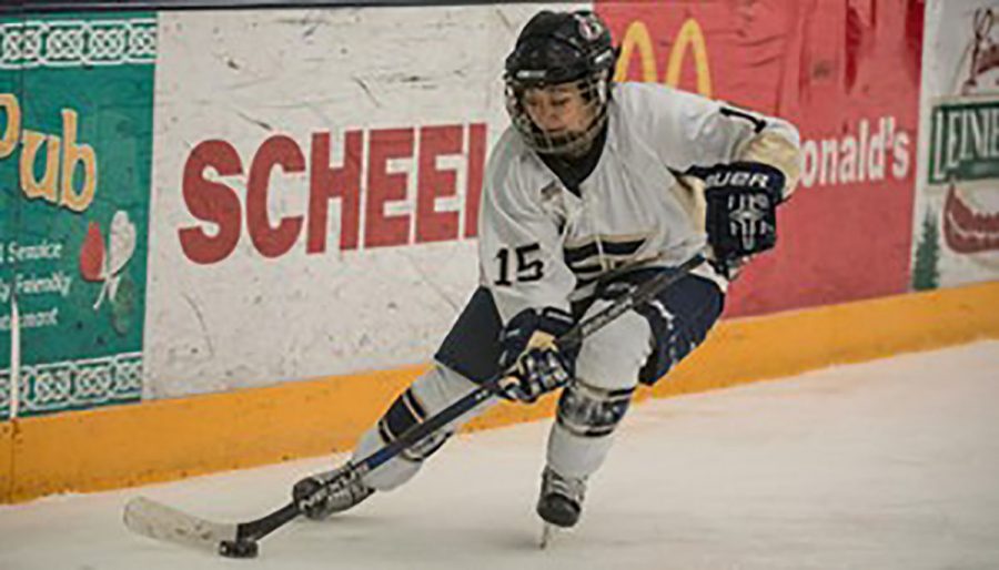 Freshman defensive player Sadie Defatte played for the Blugolds Friday at Hobbs Ice Arena against UW-Superior. 