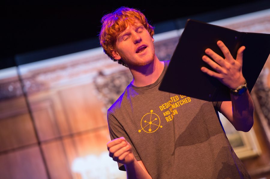  Tyler Fridley, computer science and theatre arts student, played physicist Werner Heisenberg in the play “Copenhagen” during the Art AND Science: Dedicated Desire and Unmatched Reason reader’s theatre.
