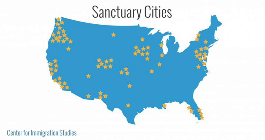 The map, courtesy of the Center for Immigration Studies, illustrates the cities, counties and states currently labeled as sanctuaries for illegal immigrants in the United States. (SUBMITTED)
