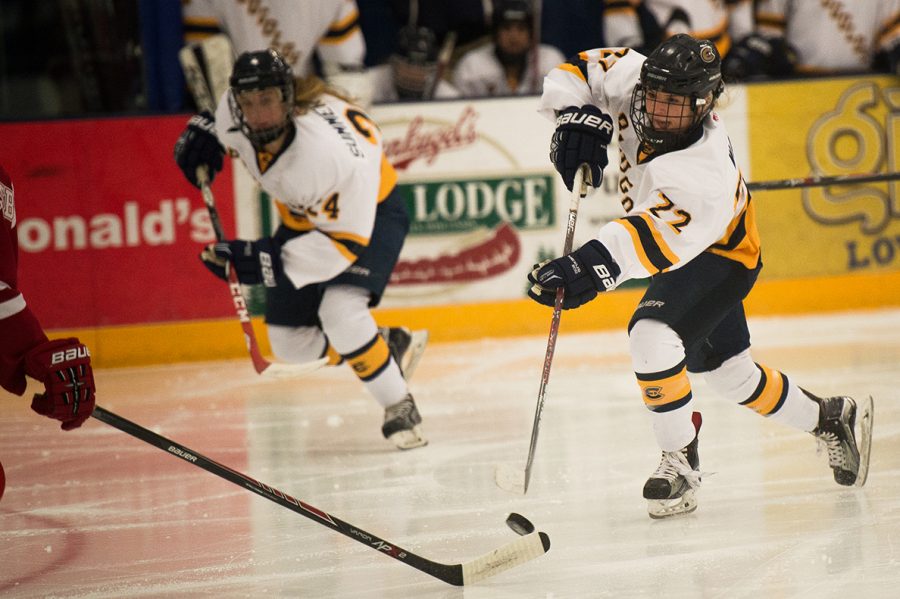 Blugold women’s hockey player, Jaedyn Walz, stole the possession of the puck back from the opposing team this past monday at Hobbs ice area. 