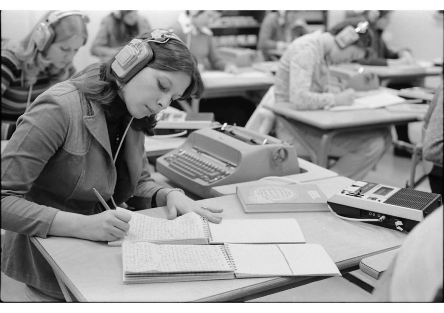 Cutline: Pictured above is an Eau Claire student participating in a shorthand class from the School of Business during January 1976.