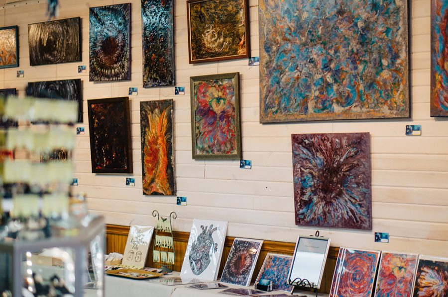 Local artist Tanya Meyer’s collection titled “Portal of Lights” is on display at Tangled Up In Hue on South Barstow Street in downtown Eau Claire. Each piece uses a variety of colors, patterns and textures to portray her artwork.
