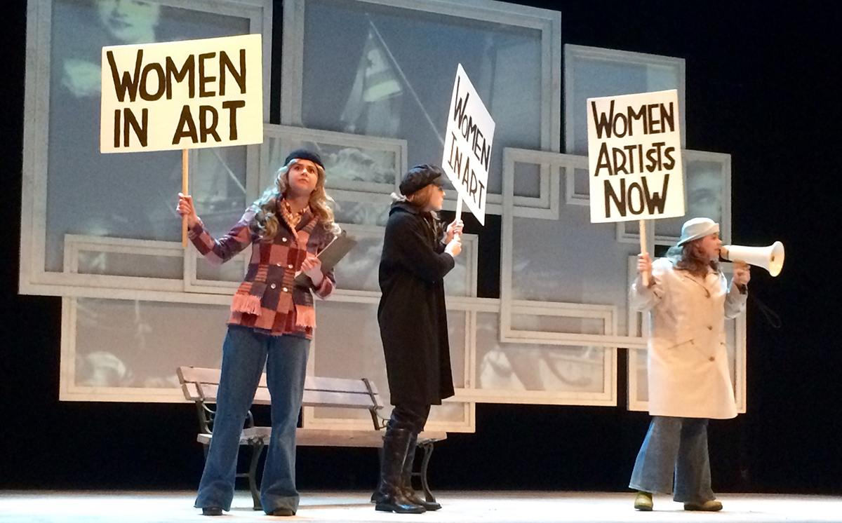 Clara (Olivia Haven), Debbie (Clara Kennedy) and Heidi (Kenzie Currie) protest the lack of representation of women artists.