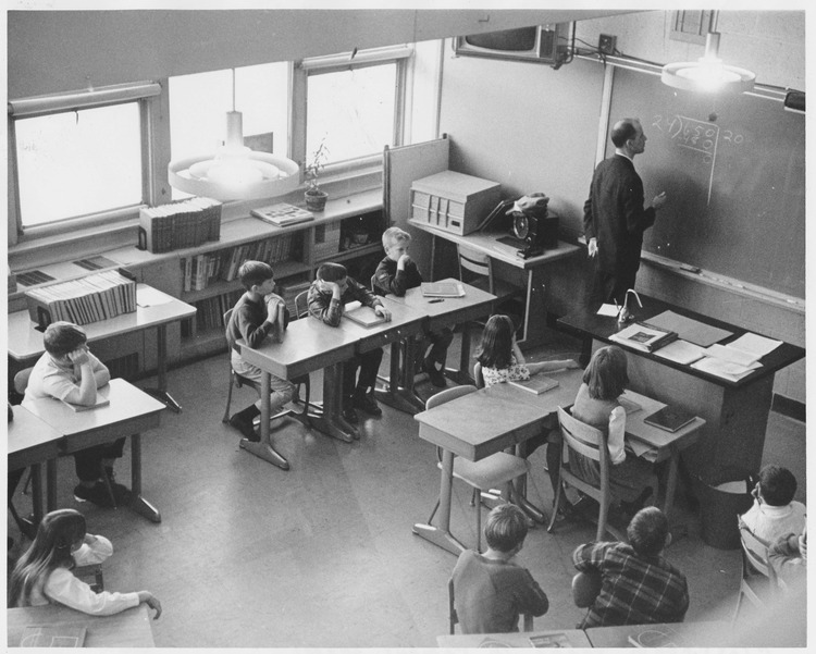 This photograph shows a class learning mathematics during 1967. 