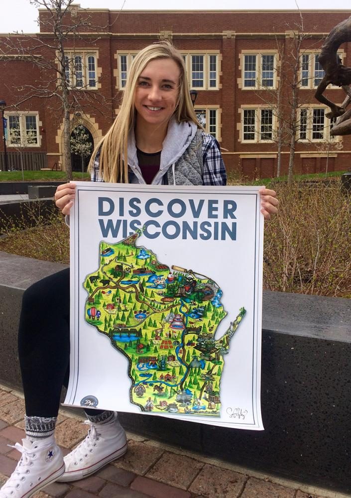 Freshman Samantha Hytry hand-drew a map of Wisconsin, showcasing its physical and natural landmarks.