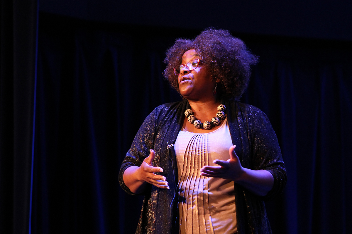 Naomi Tutu shares stories of the Truth and Reconciliation Commission (TRC) Tuesday evening in Schofield Auditorium. Her father, Desmond Tutu, served as the chairman for the TRC.
