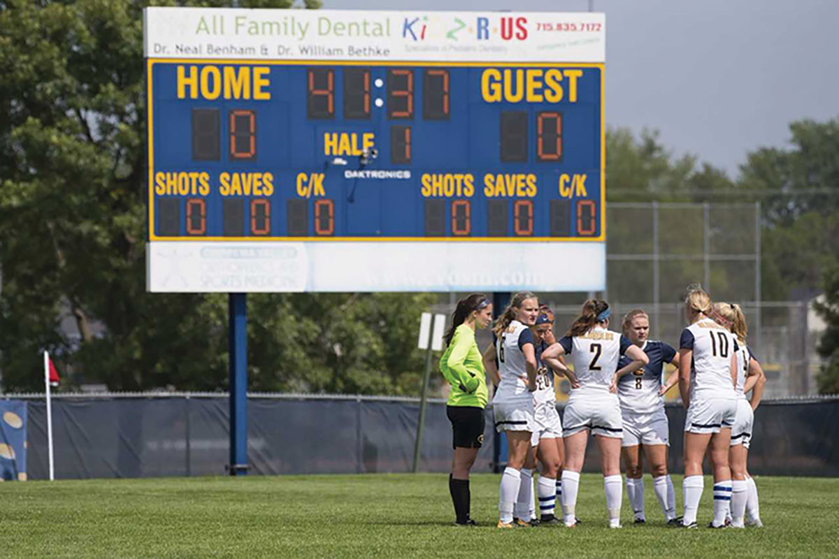 The+blugold+women%E2%80%99s+soccer+team+scored+their+first+win+of+the+season+this+past+weekend%2C+taking+down+Concordia+Moorhead+2-0.
