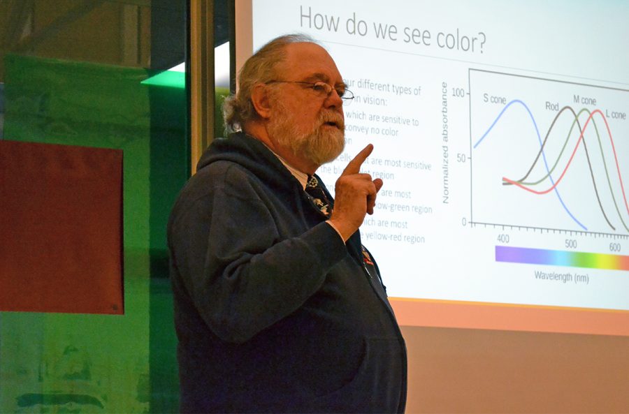 Chemistry professor David Lewis shared how chemistry affects color and technology at the Foster Gallery.