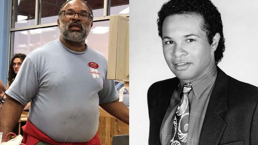  Known for his role on ‘The Cosby Show’ (right), Geoffrey Owens went viral over a photo of him bagging groceries at Trader Joe’s (left) was taken and posted online. 

