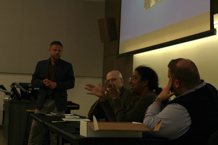 Eric Kasper, Christopher Jorgenson, and Selika Ducksworth-Lawton led a panel discussion on Sept. 17 about Free Speech, moderated by Dean of Students Joe Abhold.
