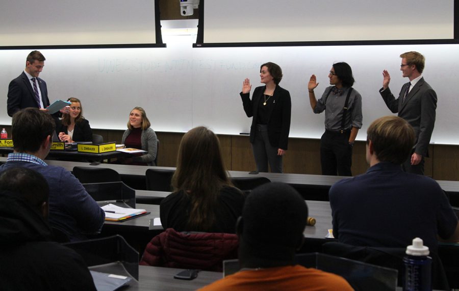 Three new on-campus senators were sworn in on Monday evening. From left to right, Mary Stoutenburg, Ben Ramirez-Gomez and Travis DuChene.