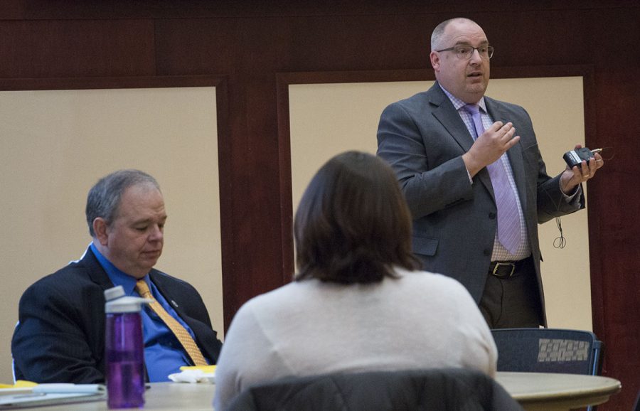 Director of Housing and Residence Life  Quincey Chapman responds to student inquiry during the Chancellor’s Roundtable on Wednesday. The meeting was an open forum for discussion about accessibility on UW-Eau Claire’s campus. 