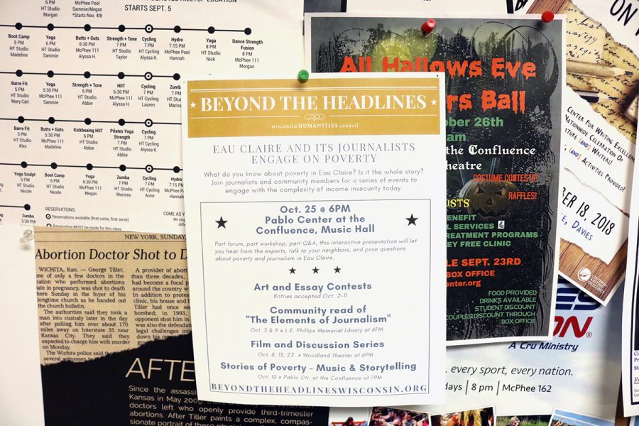 An event poster clings to the bulletin board in Hibbard Humanities Hall, with the goal to turn some heads.