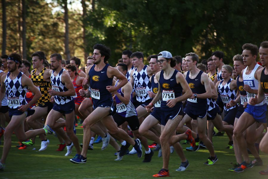  In this picture from staff files, Patrick Treacy leads the UW-Eau Claire pack at the Blugold Invite on Sept. 28. Treacy finished fourth for the Blugold men on Saturday. 
