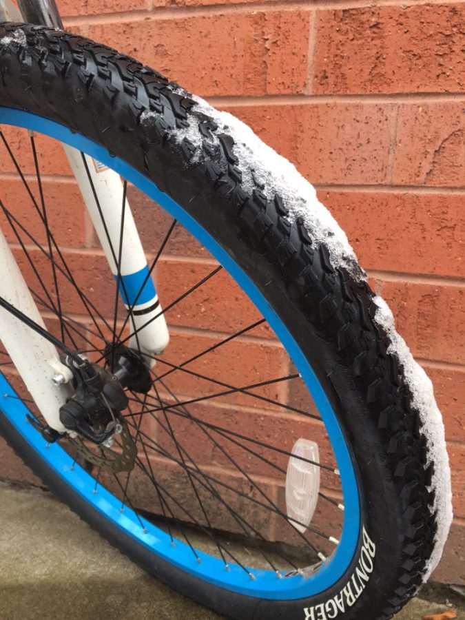 According to the 2012 National Survey on Bicyclist and Pedestrian Attitude Attitudes and Behaviors, 13 percent of bicycle accidents are caused by poor roadway conditions like snow or ice. Installing studded tires, like the ones on this bike outside of Hibbard, help with traction. 