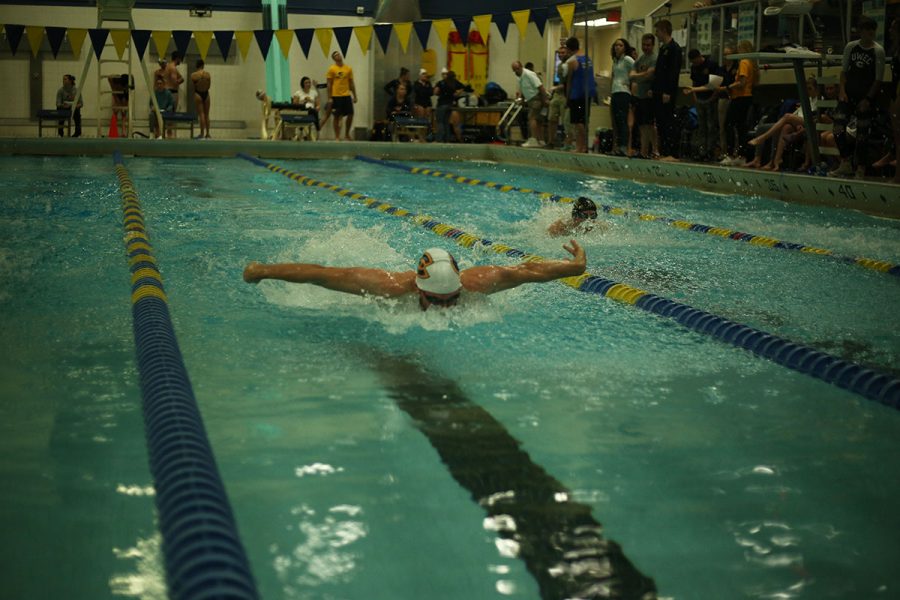 The swimming and diving teams were tapered and rested over a week before their meet in Rochester this past weekend, which allowed them to improve their speed and times in the water. This photo, from our files, captures a home meet earlier this year.