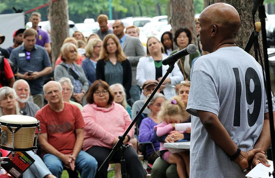 Juneteenth organizer Berlye Middleton addresses the crowd at the celebration last June. Photo courtesy of the Leader-Telegram.