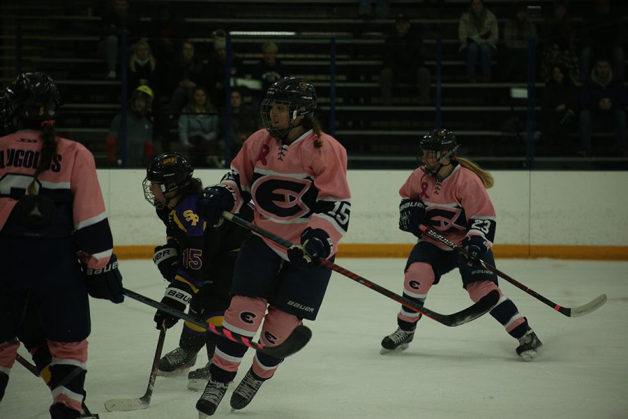 In this photo from our staff archives, Erin Goodell, a fourth-year forward, takes the puck down the ice.