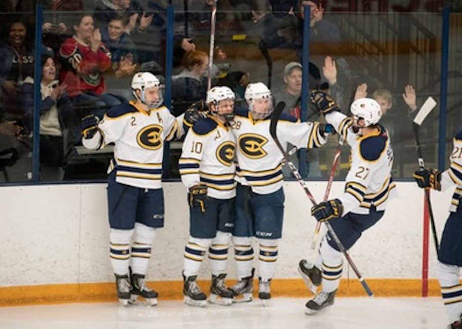 (From left to right) Jake Bresser, Andrew McGlynn, Max Salpeter and Jon Richards celebrate a goal.