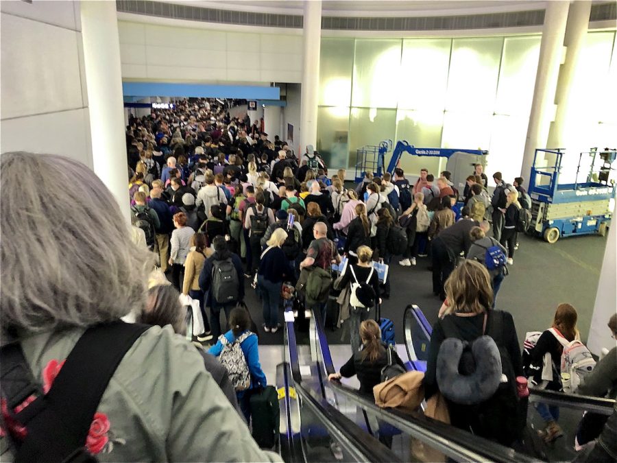 A mass of people filled the entrance to Terminal 5 on March 14 in the Chicago O’Hare International Airport.